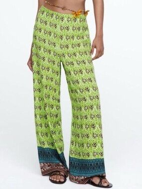 Zara Lime Green Floral Wide-Leg Pants with Blue Border